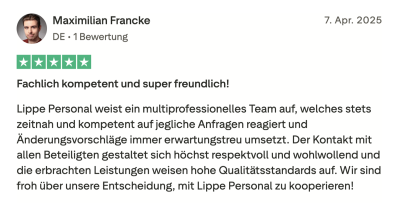 Trustpilot-Bewertung eines Kunden