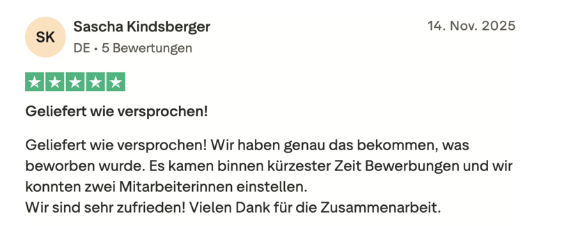 Trustpilot-Bewertung eines Kunden